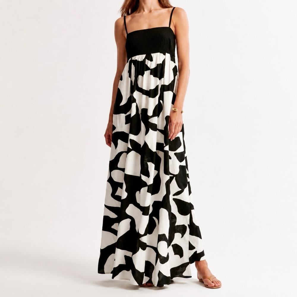Abercrombie & Fitch Tie Back Babydoll Maxi Dress XS Black White Linen Blend
